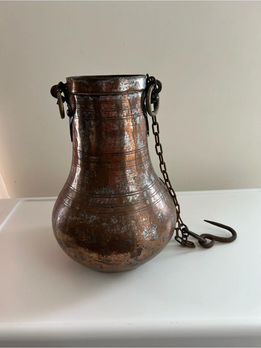 Vintage Turkish Copper-Tone Hangin Decorative Pitcher with Hanging Hook